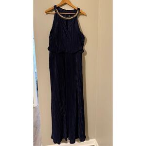 Leslie Fay Sz 16 Beaded Collar High Neck Evening Gown Blue Pleated Wedding Guest